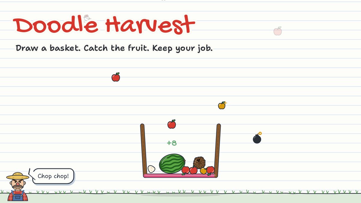 Doodle Harvest: a hand-drawn basket full of fruit, with apples falling and a grumpy farmer shouting Chop chop